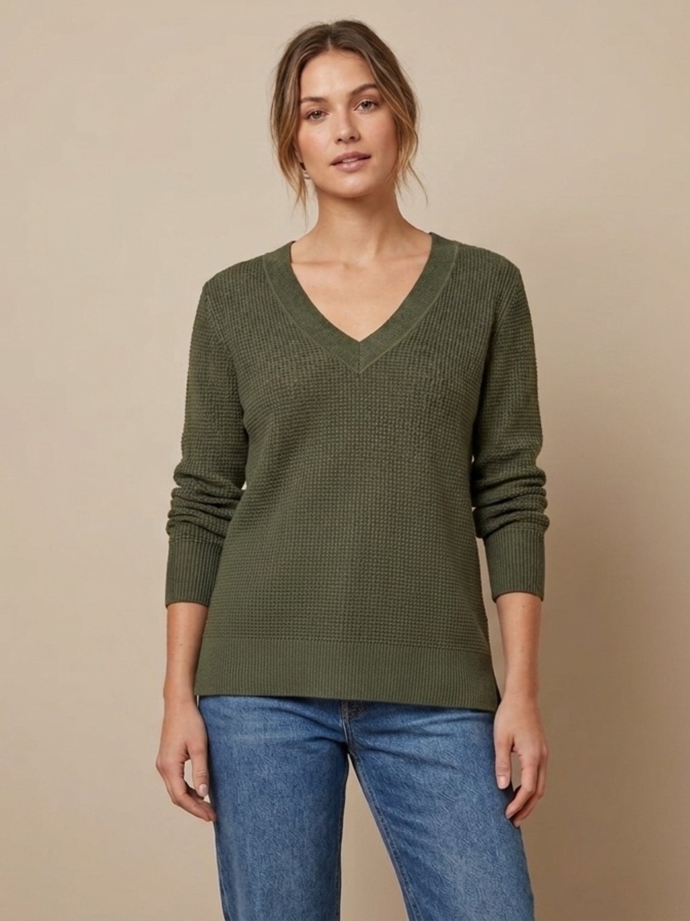 GAP Olive Green V-Neck Waffle Knit Sweater merino wool